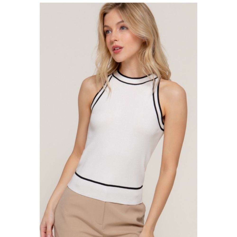 1200 • White Rayon Blend Knit Tank Top w/Black Contrast